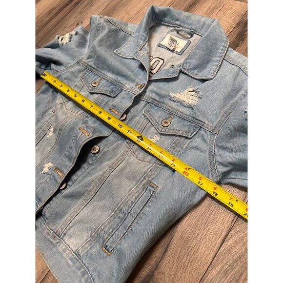 Los Angeles Girl Squad Denim Jacket Distressed Blue Forever 21 S Lightweight Cas - Picture 5 of 6
